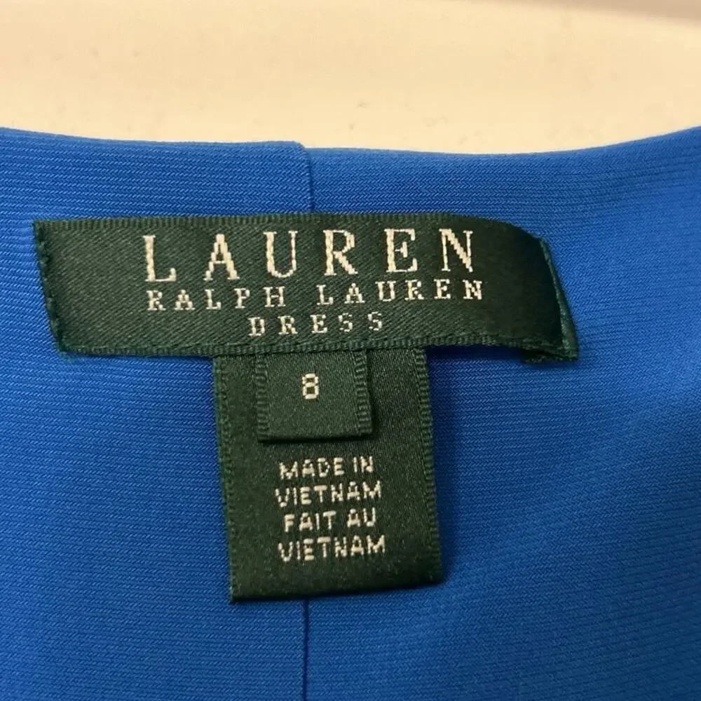 Lauren Ralph Lauren Sleeveless Blue Cowl Neck Ruched  Fitted Midi Dress Size 8